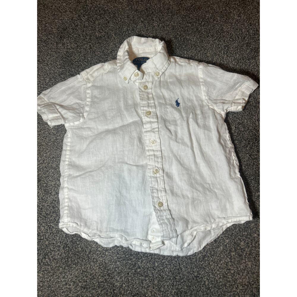 100% linen kids polo Ralph Lauren button up size 4 all white blue pony